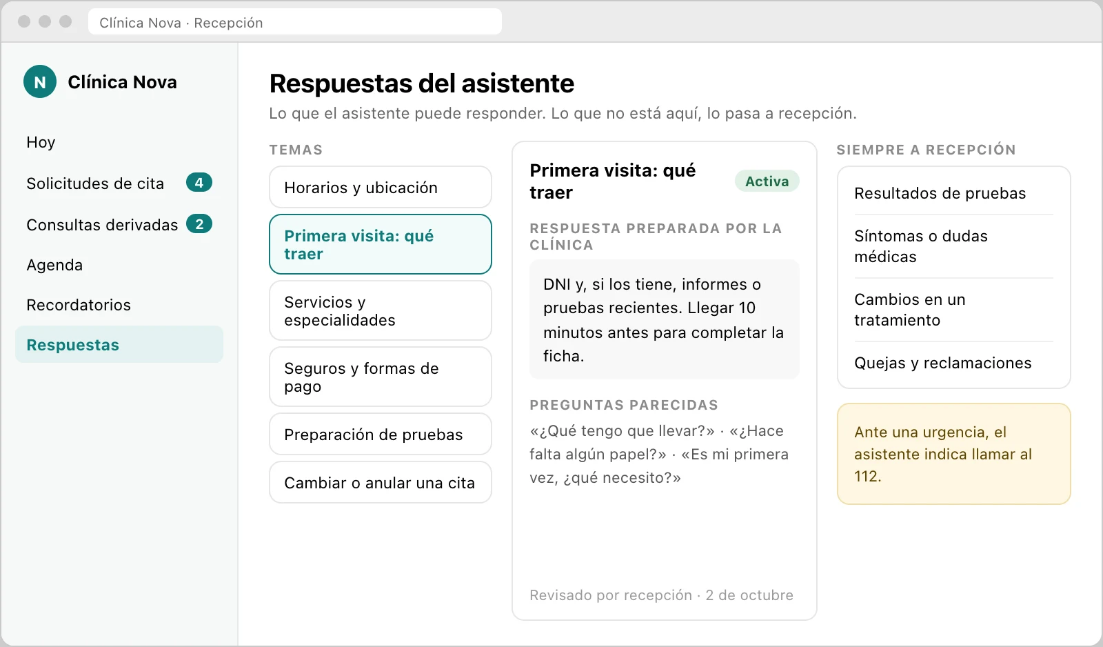 Recreación de la pantalla de respuestas del asistente: temas preparados por la clínica y la regla de derivar a recepción lo que no sabe responder.