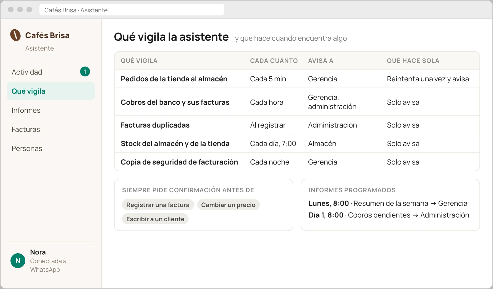 Recreación de la configuración de la asistente: qué vigila y cada cuánto, a quién avisa y qué puede hacer sola o con confirmación.