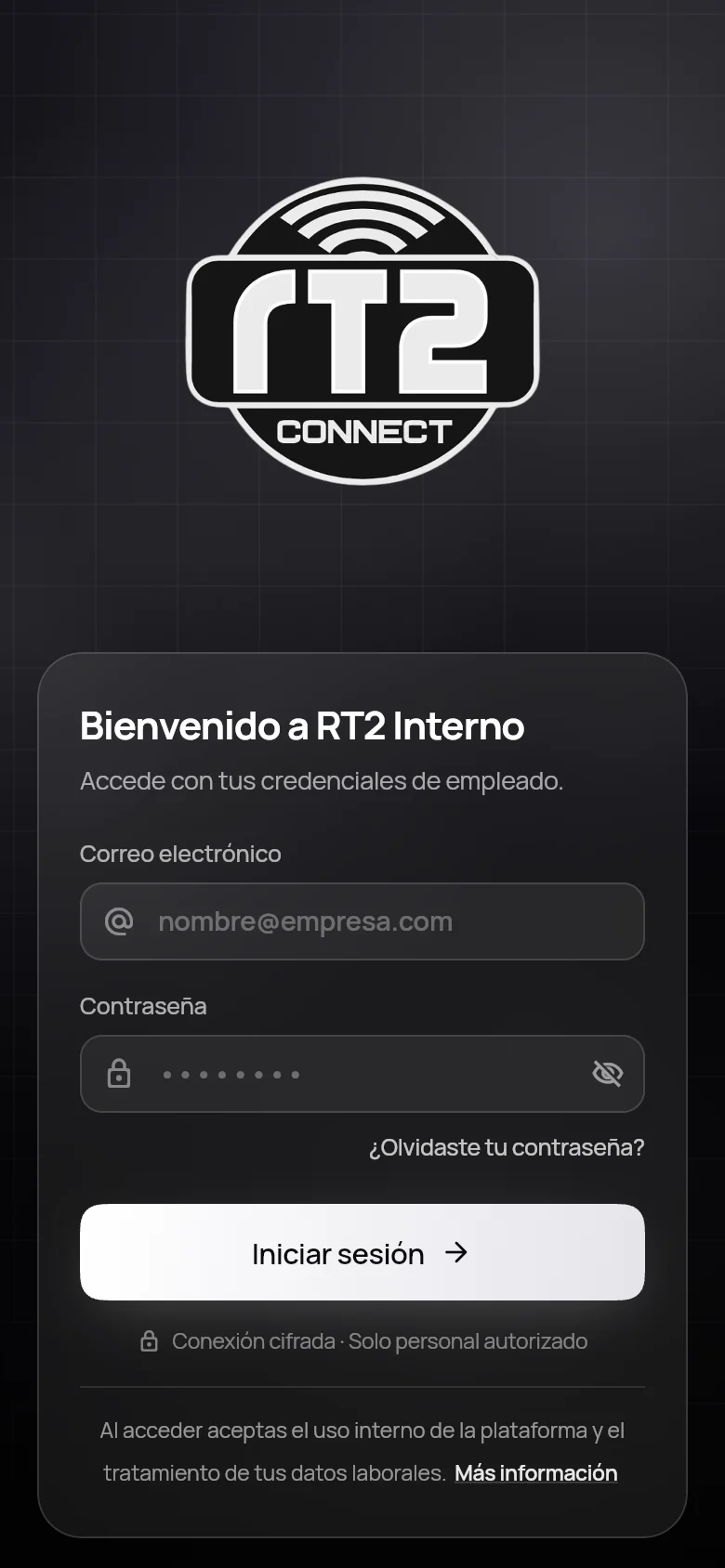 Pantalla de acceso de la app móvil de RT2 Interno.