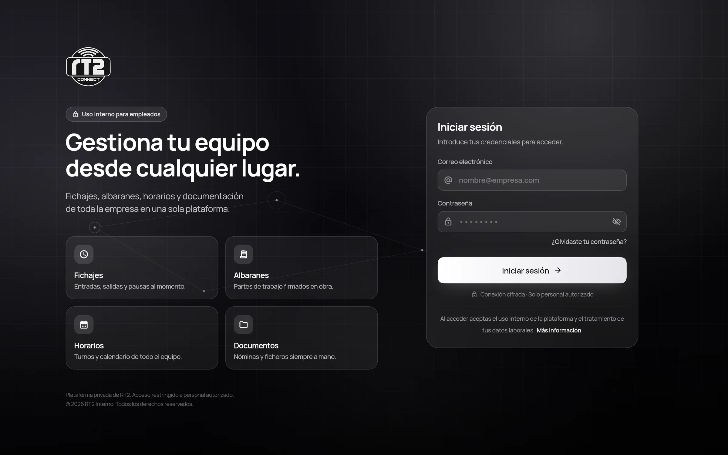 Pantalla de acceso del panel web de RT2 Interno, con sus cuatro módulos: Fichajes, Albaranes, Horarios y Documentos.
