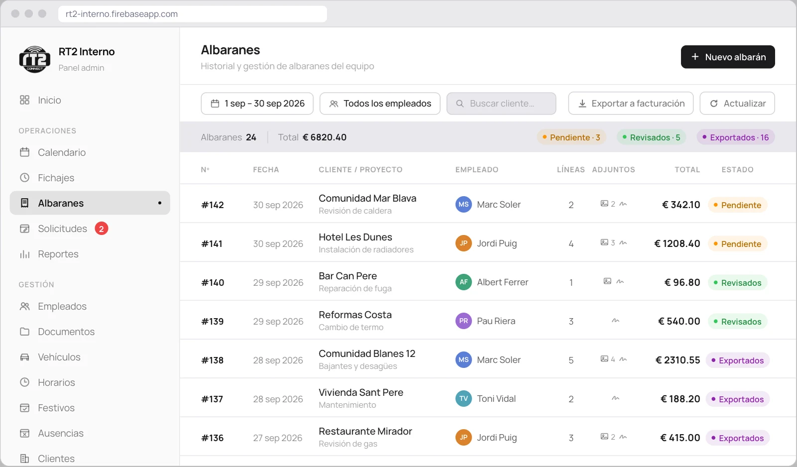 Recreación del listado de albaranes en modo claro: número, fecha, cliente, empleado, adjuntos, total y estado (Pendiente, Revisados, Exportados), con el botón para exportarlos a facturación.
