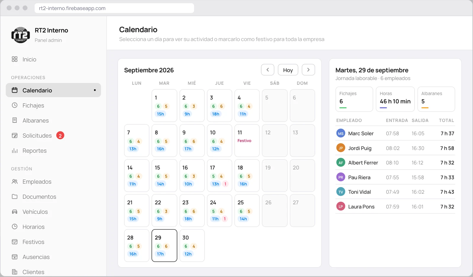 Recreación del calendario del panel web en modo claro: la actividad de cada día del mes (fichajes, albaranes y horas) y el detalle de un día con la entrada y la salida de cada empleado.